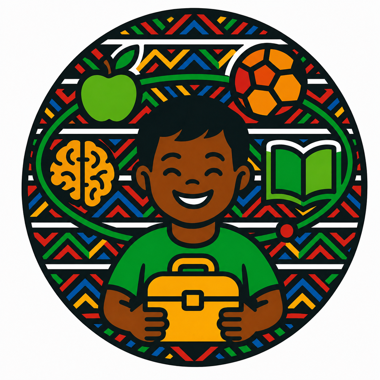 Skolo Nutriverse emblem — a learner with apple, ball, brain and book set in Ndebele-inspired beadwork